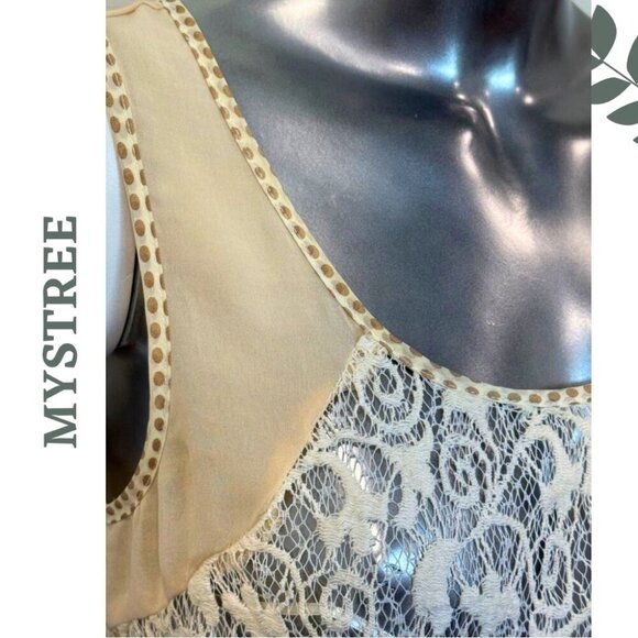 🛍️3/$40 Mystree Cream Lace Tunic Tank | Soft Feminine Boho | Sleeveless Medium - Picture 5 of 8